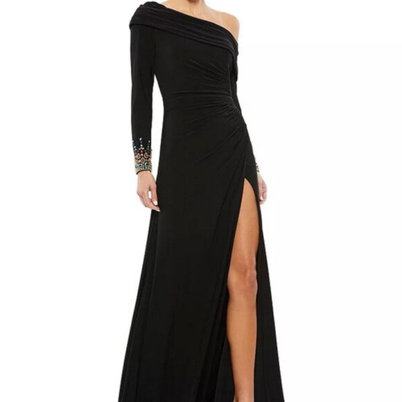 Mac Duggal Black Multi Color Beaded Cuff Drop Shoulder Gown
